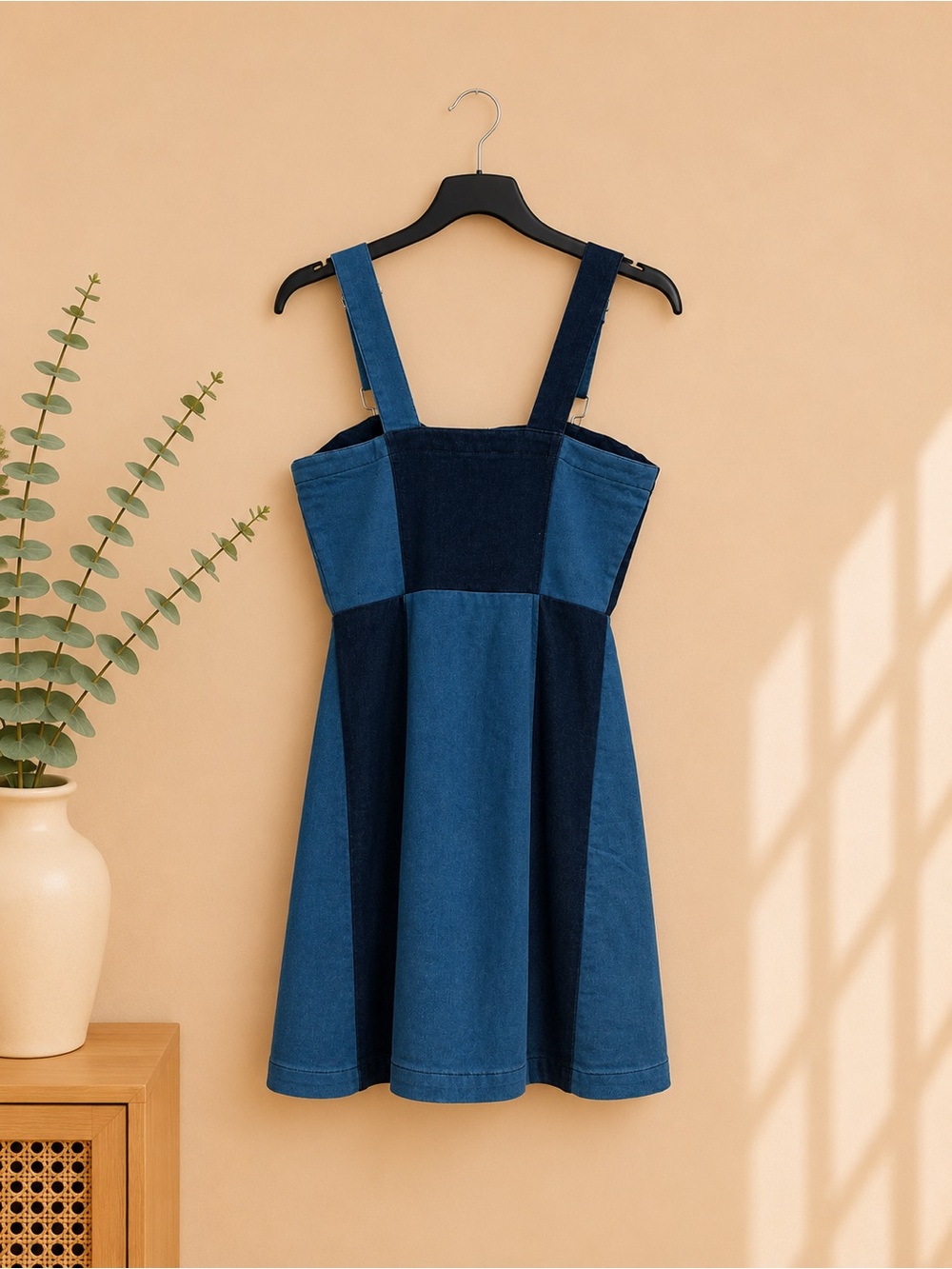 Derek Heart Colorblock Denim Mini Dress Medium Button Front Adjustable Straps - Picture 4 of 4